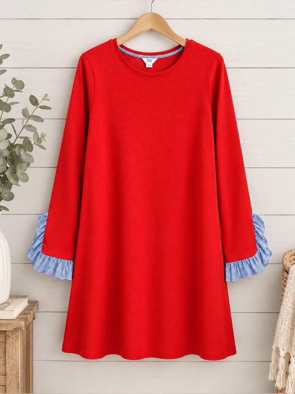 crown & ivy Red Long Sleeve Shift Dress with Blue Ruffle Cuffs